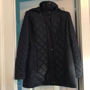 Women’s quilted mid length puffer removable  hood